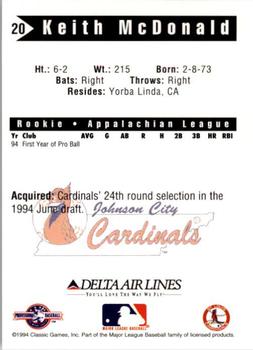 1994 Classic Best Johnson City Cardinals #20 Keith McDonald Back