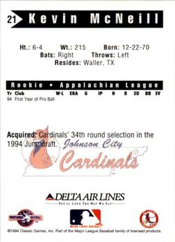 1994 Classic Best Johnson City Cardinals #21 Kevin McNeill Back