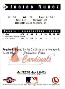 1994 Classic Best Johnson City Cardinals #23 Isaias Nunez Back