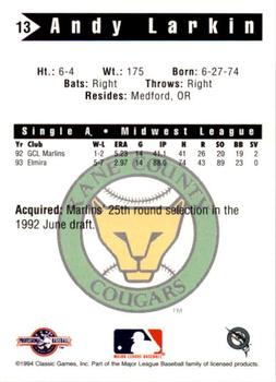 1994 Classic Best Kane County Cougars #13 Andy Larkin Back