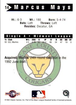 1994 Classic Best Kane County Cougars #14 Marcus Mays Back