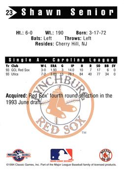 1994 Classic Best Lynchburg Red Sox #23 Shawn Senior Back