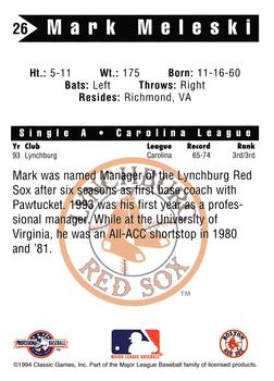 1994 Classic Best Lynchburg Red Sox #26 Mark Meleski Back