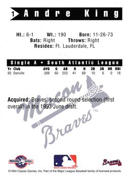 1994 Classic Best Macon Braves #1 Andre King Back