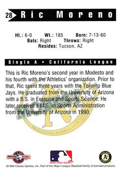 1994 Classic Best Modesto A's #28 Ric Moreno Back
