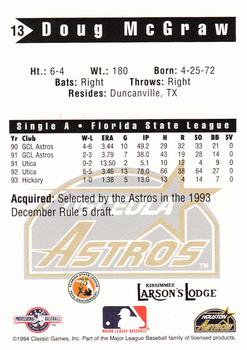 1994 Classic Best Osceola Astros #13 Doug McGraw Back