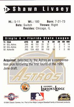 1994 Classic Best Osceola Astros #14 Shawn Livsey Back