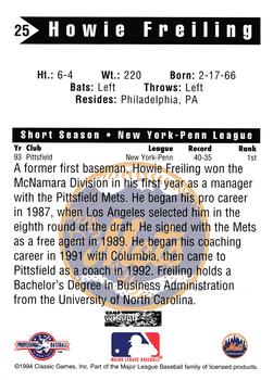 1994 Classic Best Pittsfield Mets #25 Howie Freiling Back