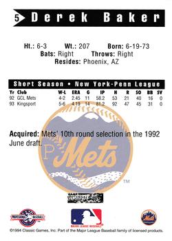 1994 Classic Best Pittsfield Mets #5 Derek Baker Back