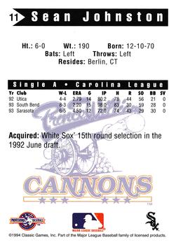 1994 Classic Best Prince William Cannons #11 Sean Johnston Back