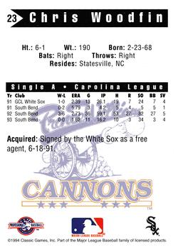 1994 Classic Best Prince William Cannons #23 Chris Woodfin Back