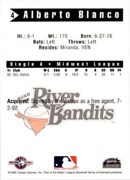 1994 Classic Best Quad City River Bandits #4 Alberto Blanco Back