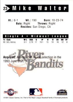 1994 Classic Best Quad City River Bandits #23 Mike Walter Back
