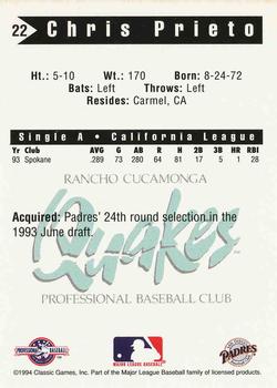 1994 Classic Best Rancho Cucamonga Quakes #22 Chris Prieto Back