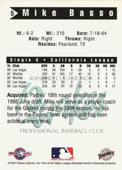 1994 Classic Best Rancho Cucamonga Quakes #5 Mike Basso Back