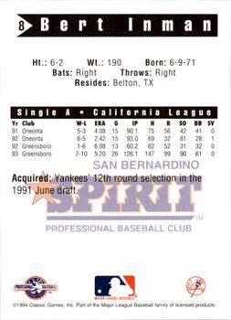 1994 Classic Best San Bernardino Spirit #8 Bert Inman Back