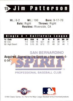1994 Classic Best San Bernardino Spirit #15 Jim Patterson Back