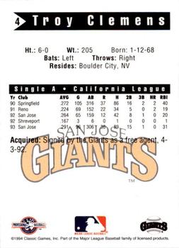 1994 Classic Best San Jose Giants #4 Troy Clemens Back