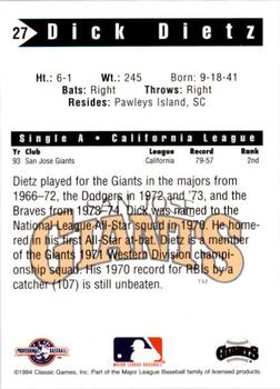 1994 Classic Best San Jose Giants #27 Dick Dietz Back