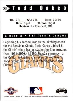 1994 Classic Best San Jose Giants #28 Todd Oakes Back
