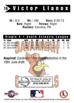1994 Classic Best Savannah Cardinals #16 Victor Llanos Back