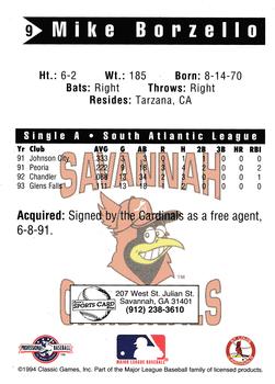 1994 Classic Best Savannah Cardinals #9 Mike Borzello Back