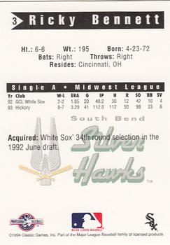 1994 Classic Best South Bend Silver Hawks #3 Ricky Bennett Back
