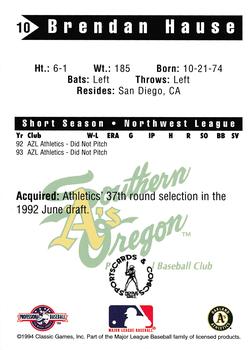1994 Classic Best Southern Oregon A's #10 Brendan Hause Back