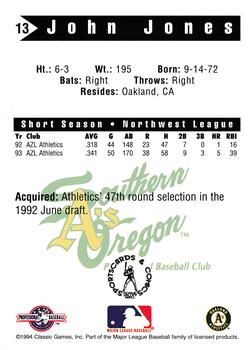 1994 Classic Best Southern Oregon A's #13 John Jones Back