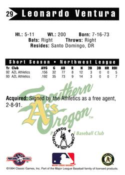 1994 Classic Best Southern Oregon A's #29 Leonardo Ventura Back
