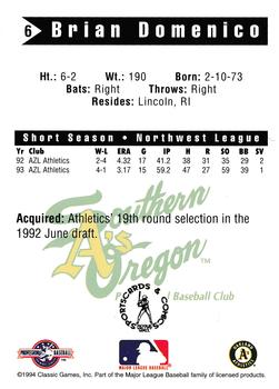1994 Classic Best Southern Oregon A's #6 Brian Domenico Back