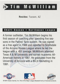 1994 Classic Best Spokane Indians #26 Tim McWilliam Back