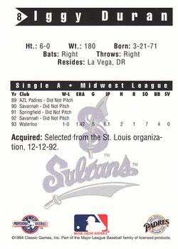 1994 Classic Best Springfield Sultans #8 Iggy Duran Back