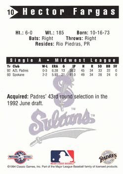 1994 Classic Best Springfield Sultans #10 Hector Fargas Back