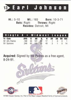 1994 Classic Best Springfield Sultans #13 Earl Johnson Back