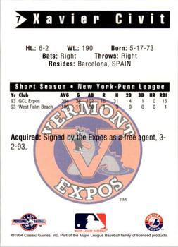 1994 Classic Best Vermont Expos #7 Xavier Civit Back