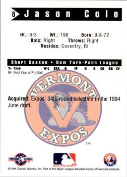 1994 Classic Best Vermont Expos #8 Jason Cole Back
