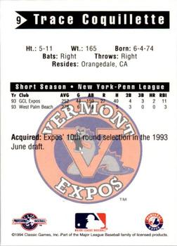 1994 Classic Best Vermont Expos #9 Trace Coquillette Back