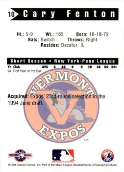 1994 Classic Best Vermont Expos #10 Cary Fenton Back