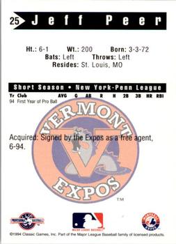 1994 Classic Best Vermont Expos #25 Jeff Peer Back