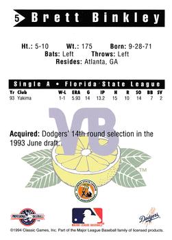 1994 Classic Best Vero Beach Dodgers #5 Brett Binkley Back