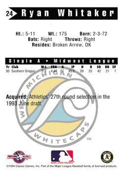 1994 Classic Best West Michigan Whitecaps #24 Ryan Whitaker Back
