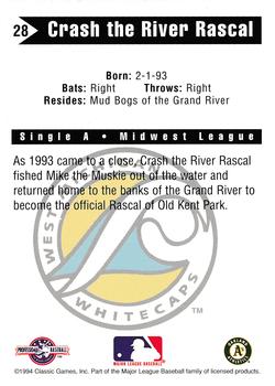 1994 Classic Best West Michigan Whitecaps #28 Crash the River Rascal Back