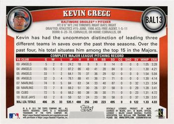 2011 Topps Baltimore Orioles #BAL13 Kevin Gregg Back