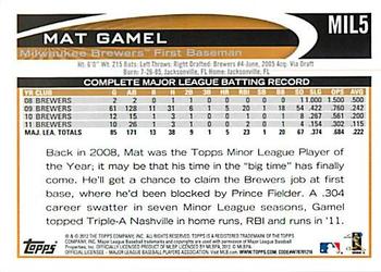 2012 Topps Milwaukee Brewers #MIL5 Mat Gamel Back