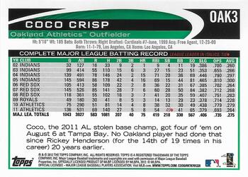 2012 Topps Oakland Athletics #OAK3 Coco Crisp Back