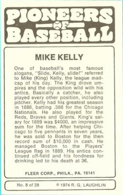 1975 Fleer Official Major League Patches - Pioneers of Baseball #8 Mike Kelly Back