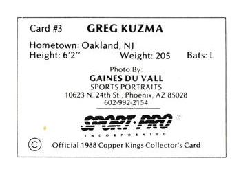 1988 Sport Pro Butte Copper Kings #3 Greg Kuzma Back