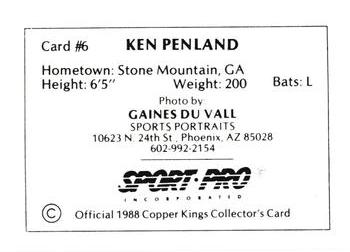1988 Sport Pro Butte Copper Kings #6 Ken Penland Back