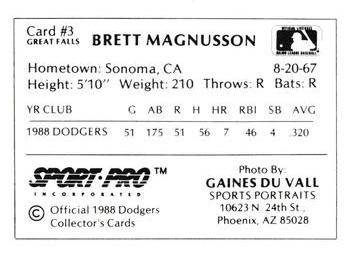 1988 Sport Pro Great Falls Dodgers #3 Brett Magnusson Back